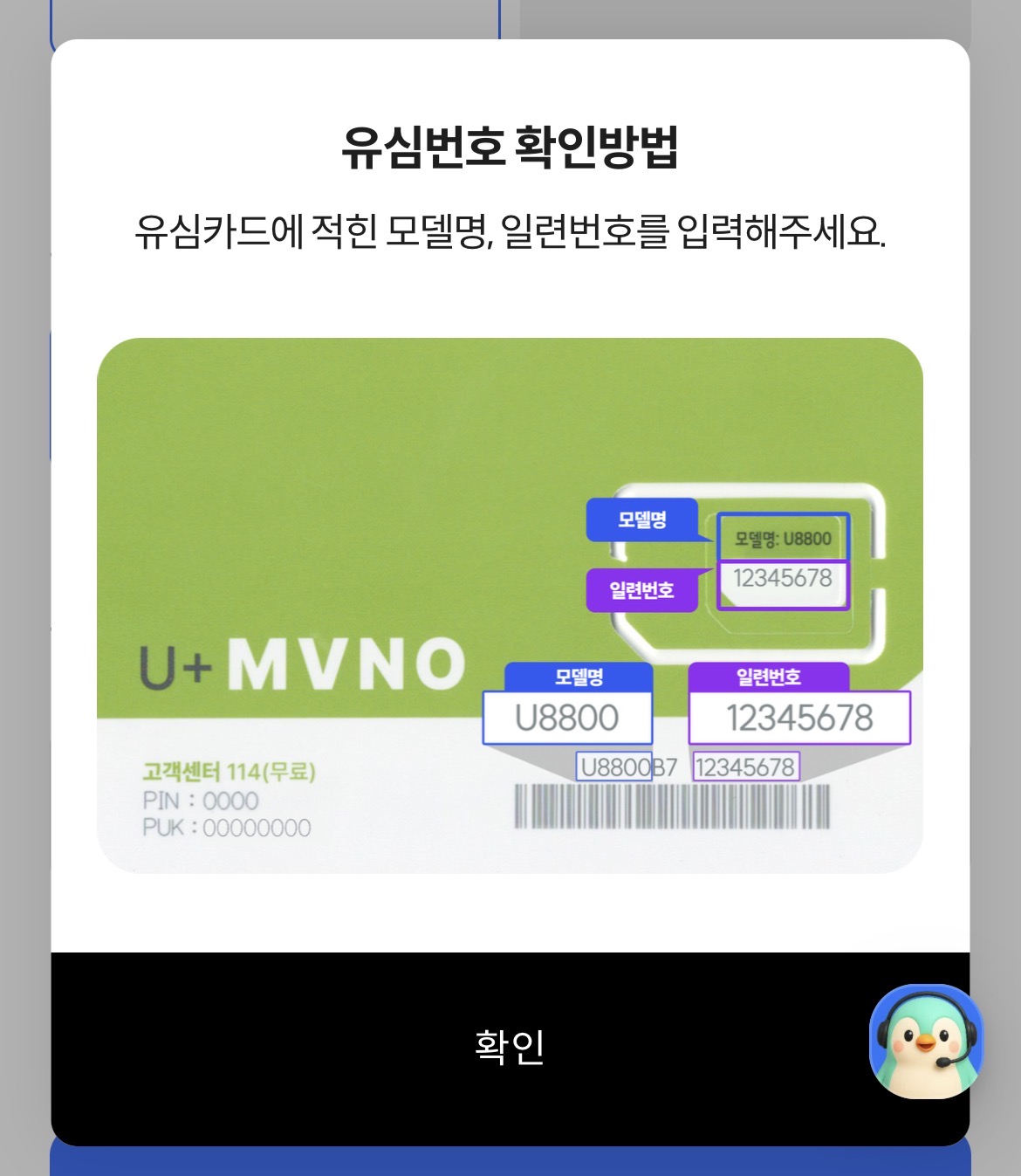 유심 모델명·번호 확인 안내 화면