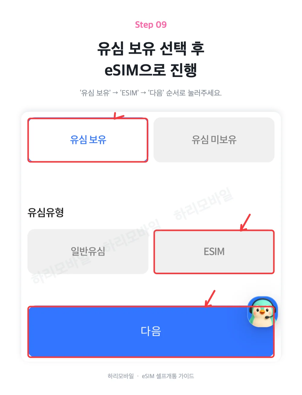 유심 보유를 선택한 뒤 eSIM 유형으로 진행하는 화면
