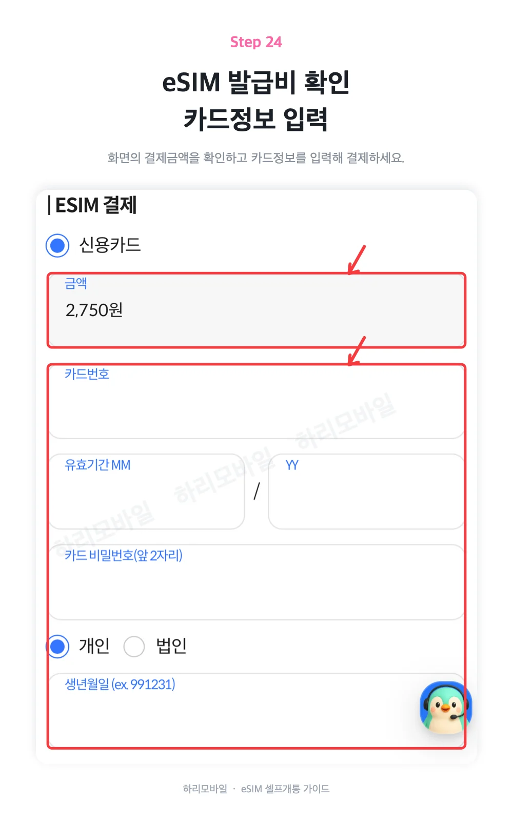 eSIM 발급비를 확인하고 카드정보를 입력하는 화면