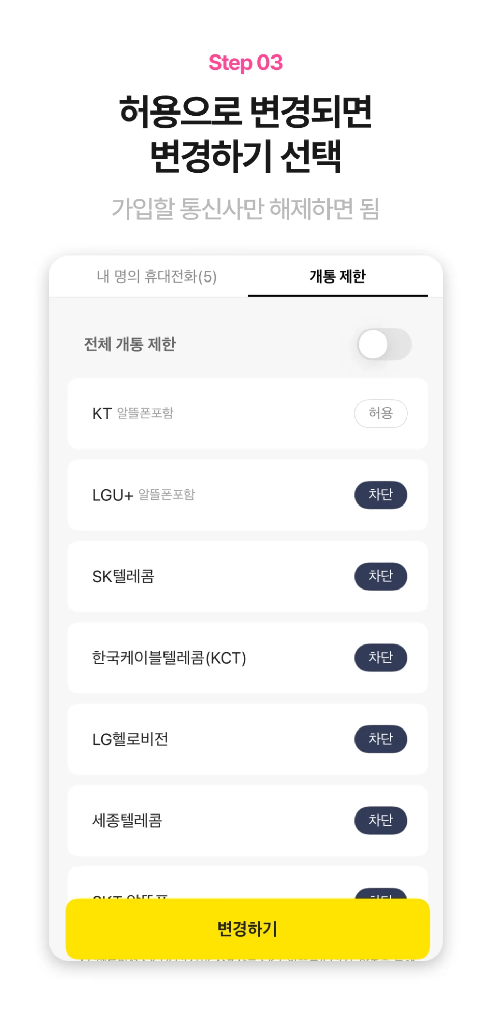 카카오뱅크에서 가입할 통신사를 차단에서 허용으로 변경하는 화면